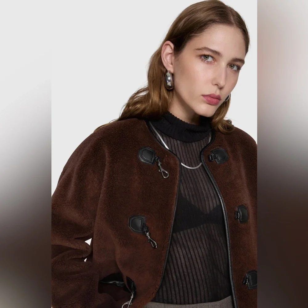 Rebecca Minkoff vegan shearling toggle jacket in chocolate brown